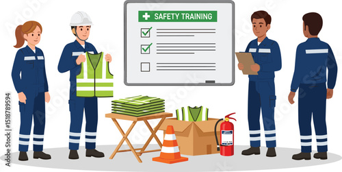 Industrial workers attending safety training session with instructor demonstrating high visibility vest and emergency equipment in classroom setting cartoon