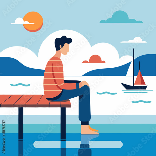 A serene flat design illustration of a man sitting peacefully on a wooden dock, observing a tranquil lake or sea with a sailboat in the distance, under a clear sky with a stylized sun and clouds.