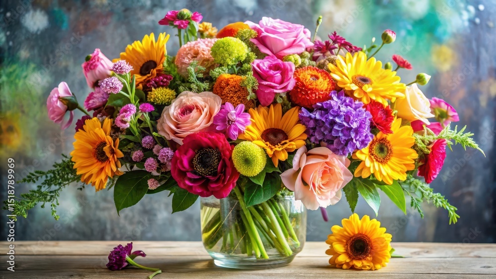 Obraz premium A vibrant and colorful bouquet of assorted flowers arranged in a clear glass vase, sitting on a rustic wooden surface against a textured backdrop