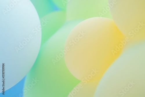 Soft focus close-up of pastel colored balloons in blue, green, yellow and white creating a gentle and calming abstract composition