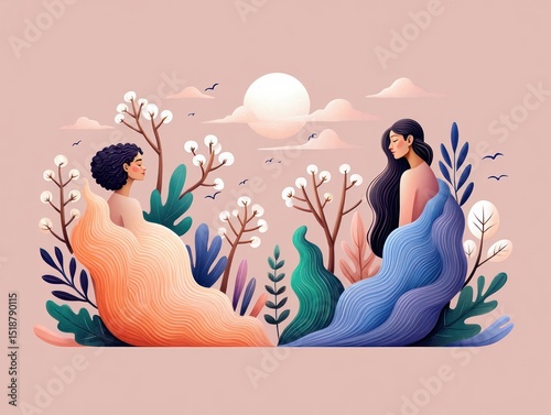 Two serene women draped in flowing pastel orange and blue fabrics sitting amid stylized plants and cotton-like flowers under a soft sun with birds flying in a tranquil sky