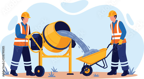 Construction workers mixing and transporting concrete with proper safety gear and equipment according to industrial work standards on site