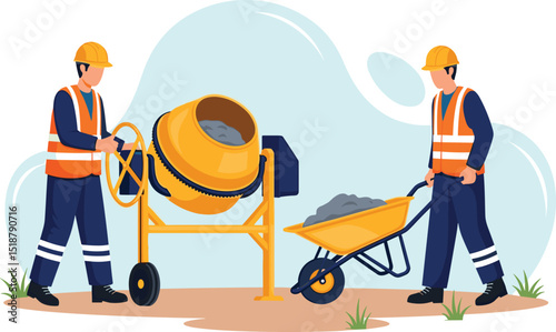 Construction workers mixing and transporting concrete with proper safety gear and equipment according to industrial work standards on site