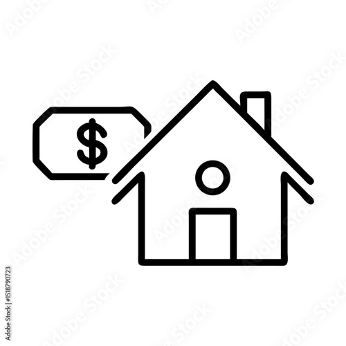 A line drawing of a house with a price tag, symbolizing real estate and property value