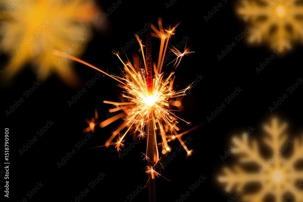 Fototapeta premium Bright golden sparkler glowing against a black background with blurred golden snowflake shapes creating a festive warm atmosphere