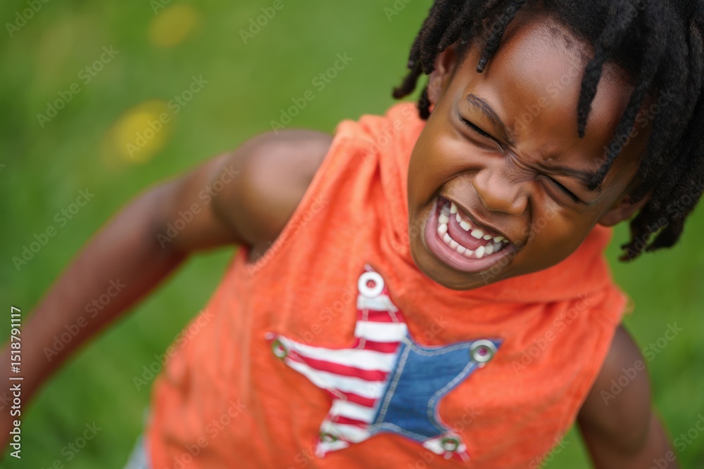 Fototapeta premium Young child outdoors with eyes closed, yelling or expressing strong emotion, wearing an orange sleeveless top with a star design, in a green grassy area