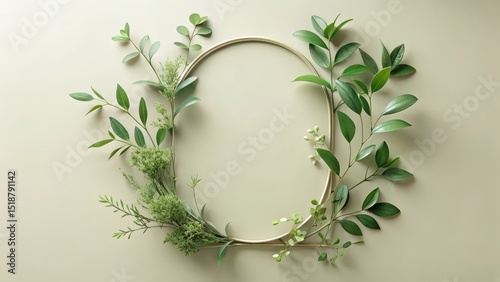 Oval gold frame adorned with lush green foliage and delicate white blossoms, a tranquil nature scene