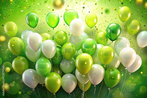 A Celebration of Springtime Joy  Many Green and White Balloons Ascend, a Whimsical and Festive Image Perfect for Spring Events
