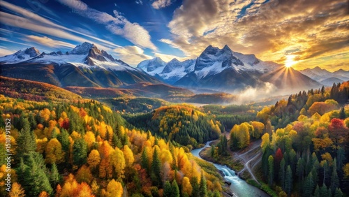 Autumnal Majesty A Breathtaking Panorama of Sunlit Peaks and Golden Foliage, Serene River Valley