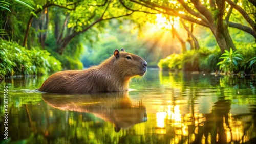Serene Capybara in Golden Hour Sunlight, Gently Floating on Calm Water, Surrounded by Lush Tropical Foliage