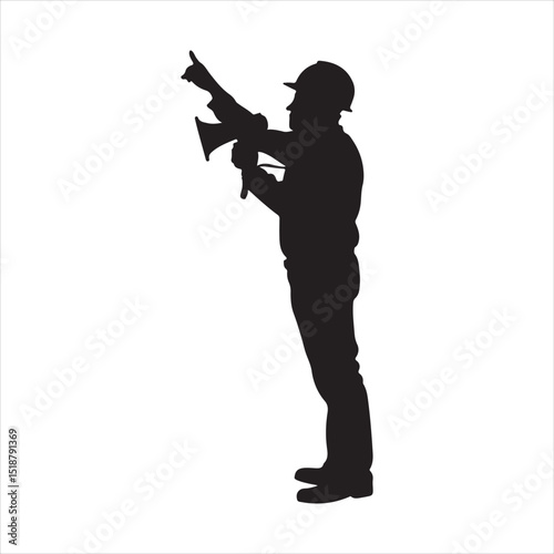Construction Foreman Silhouette: Man with Megaphone Pointing for Guidance.

