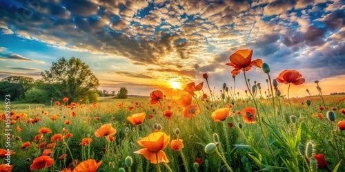 Serene Sunset Illuminates Vibrant Poppy Field at Golden Hour, Nature's Majestic Display of Beauty and Tranquility