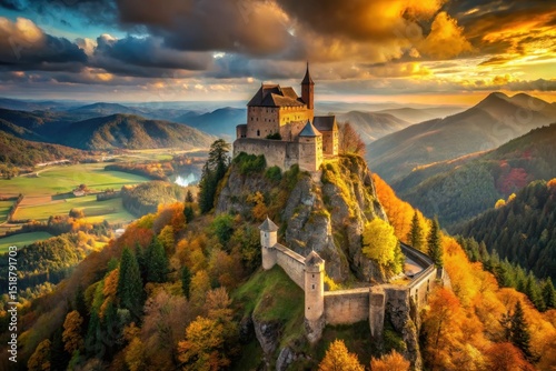 Majestic Castle Perched on a Mountaintop Amidst Vibrant Autumn Foliage at Sunset