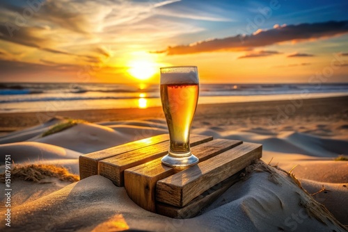 Golden Hour Relaxation A Refreshing Beverage on a Sandy Shore at Sunset