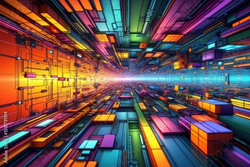 Futuristic tunnel with vibrant neon colors and geometric shapes creating a sense of depth and motion towards a glowing light center