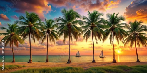 Serene Sunset Vista Palm Trees, Sandy Beach, and Sailboats at Golden Hour