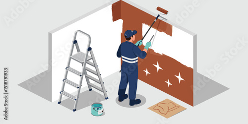 Isometric illustration of a worker painting an interior wall brown during home renovation with ladder paint bucket and protective floor covering
