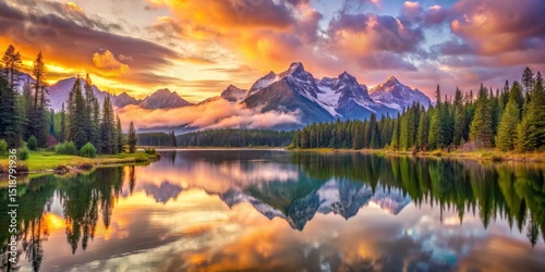 Serene Sunset Reflection on a Calm Mountain Lake, Mirroring Majestic Peaks and a Vibrant Sky