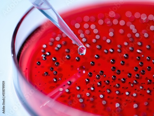 Close-up of a dropper releasing liquid into a petri dish filled with red agar medium and small black colonies, capturing a scientific experiment in progress