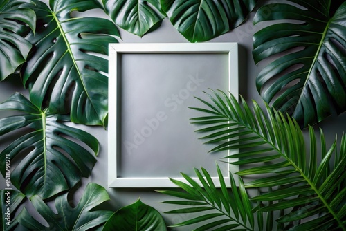 Serene Tropical Foliage Composition Featuring a Blank Frame Ready for Your Design Elements
