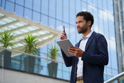 Young businessman standing outdoors near modern glass building holding digital tablet and pen, appearing thoughtful and focused
