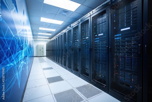 Long hallway filled with rows of server racks and blue LED lights inside a modern data center with a blue wall featuring digital network graphics