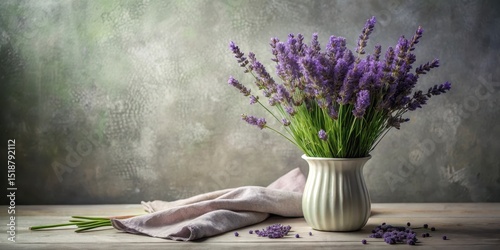 A Still Life Featuring a Vase of Lavender and Linen Cloth on a Wooden Surface