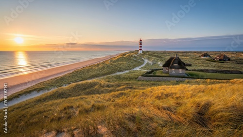 Sunset over coastal sand dunes with a lighthouse and traditional thatched-roof cottages overlooking calm sea and beach