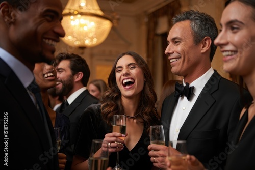 Group of well-dressed people enjoying a lively conversation and laughter while holding champagne glasses at an elegant indoor event