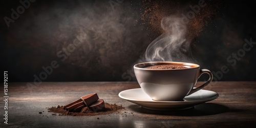 Aromatic Steaming Cup of Cocoa Powder Drink with Chocolate Pieces on Rustic Wooden Table