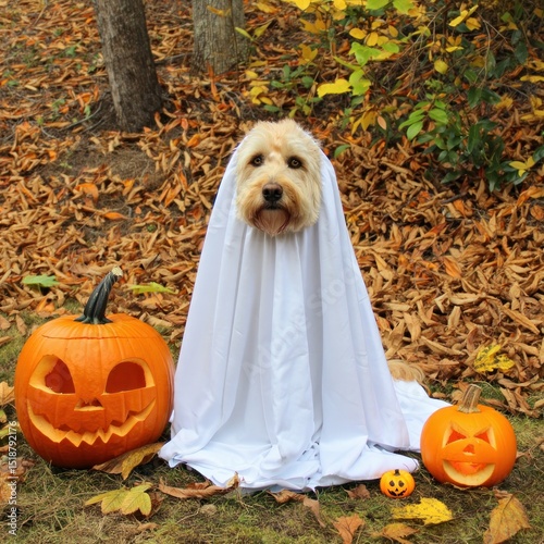 dog dressed as a ghost with a white sheet sitting outdoors on fallen autumn leaves between two carved pumpkins with jack-o-lantern faces and a small pumpkin figurine