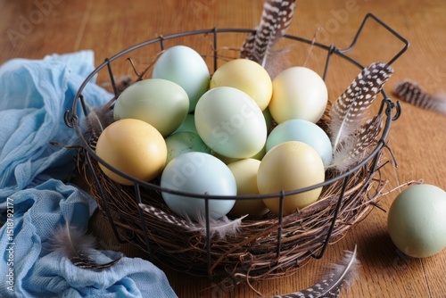 A wire basket filled with pastel-colored eggs nestled in twigs and decorated with feathers on a wooden surface beside a light blue cloth