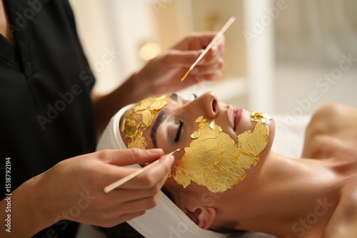 Close-up of a woman relaxing with eyes closed while receiving a luxurious gold facial treatment applied by professional hands in a spa setting