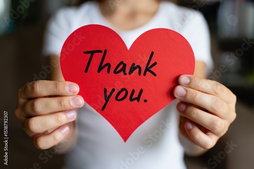 Person holding a red heart-shaped paper with the words thank you written on it expressing gratitude