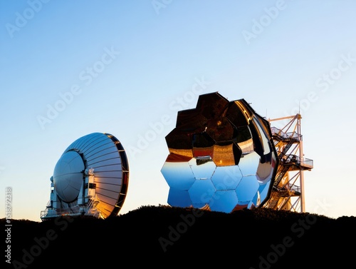 Large scientific telescopes with reflective surfaces at sunset casting warm light against a clear sky