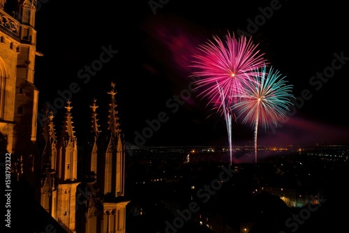 bright pink and teal fireworks bursting in the night sky over a cityscape with illuminated Gothic-style building towers on the left