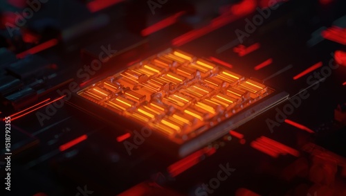 Close-up of a glowing orange microchip on a dark circuit board with illuminated red and orange lines suggesting high-tech energy flow