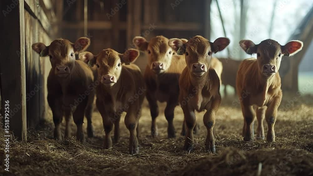Charming calf ensemble, group of young cattle in a rustic barn, agricultural footage
