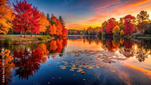 Autumnal Reflections A Serene Sunset Over a Still Pond Adorned with Vibrant Fall Foliage