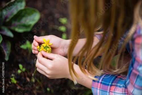 Child holding and examining small yellow flowers while crouching near soil with green plants in the background