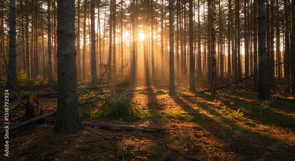Obraz premium Golden Hour in the Pine Forest: A Serene Sunrise
