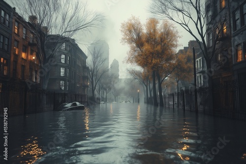 Flooded Urban Cityscape with Submerged Buildings and Streets. A Surreal Reflection on Climate Change and Environmental Chaos