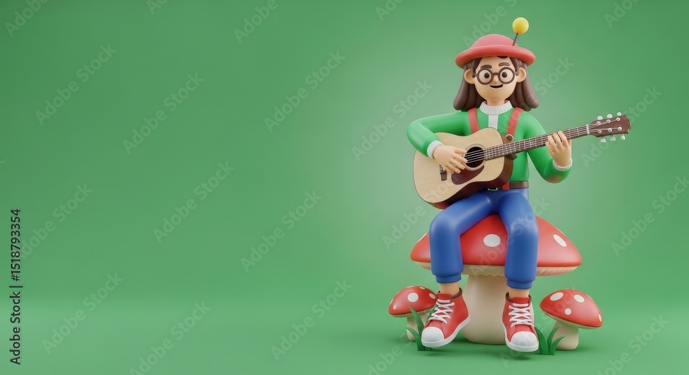 3D Girl Character Playing Guitar and Singing with Musical Notes 3D Girl Character Playing Guitar and Singing with Musical Notes
