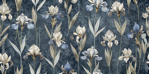 Elegant Iris Floral Pattern Design Featuring Delicate Hues of Blue and White on a Textured Dark Background