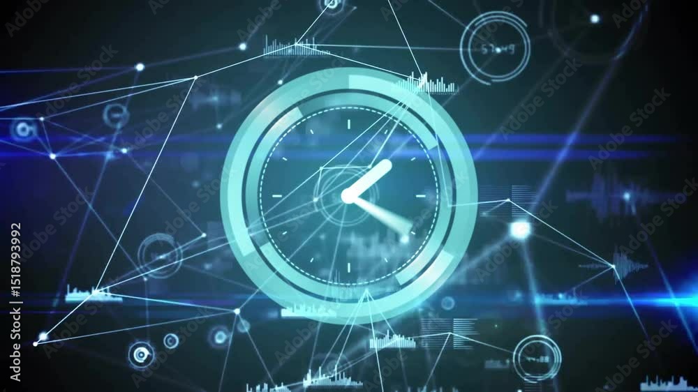 Central clock UI ring appearing and expanding causing hands sliding, visualizing network data Central clock UI ring appearing and expanding causing hands sliding, visualizing network data