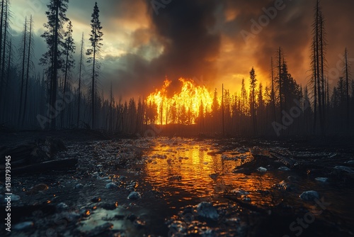 Wildfire Destruction. Intense Flames and Smoke in a Forest Landscape at Dusk - Climate Change Impact and Natural Disaster Response