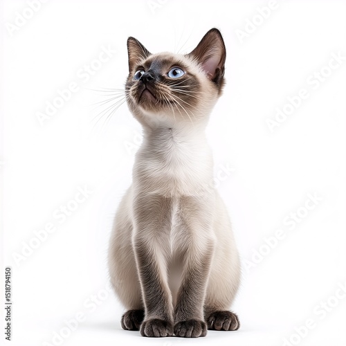Adorable Fluffy Siamese Kitten with Blue Eyes Sitting on White Background - Curious Feline Characteristics and Playful Nature
