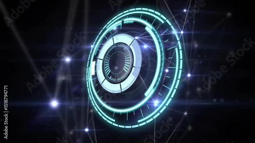Holographic interface fading in, rotating rings pulsing, transmitting data burst for network scan