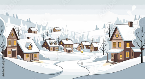 Charming Winter Village Scene Cozy Snow-Covered Houses and Winding Roads