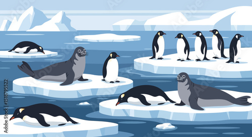 Majestic Antarctic Scene Penguins and Seals on Ice Floes